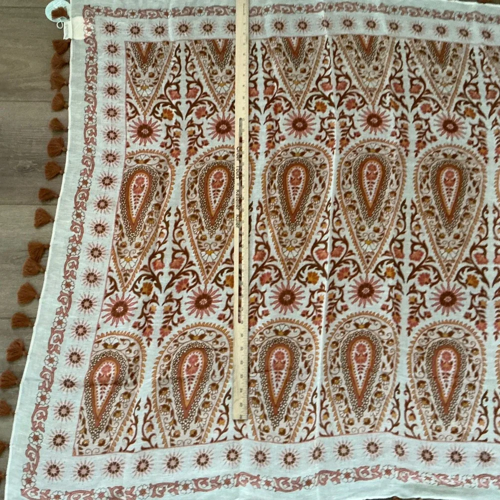 Spartina 449 Scarf Womens White Brown Paisley Tassel Trim Square Lightweight